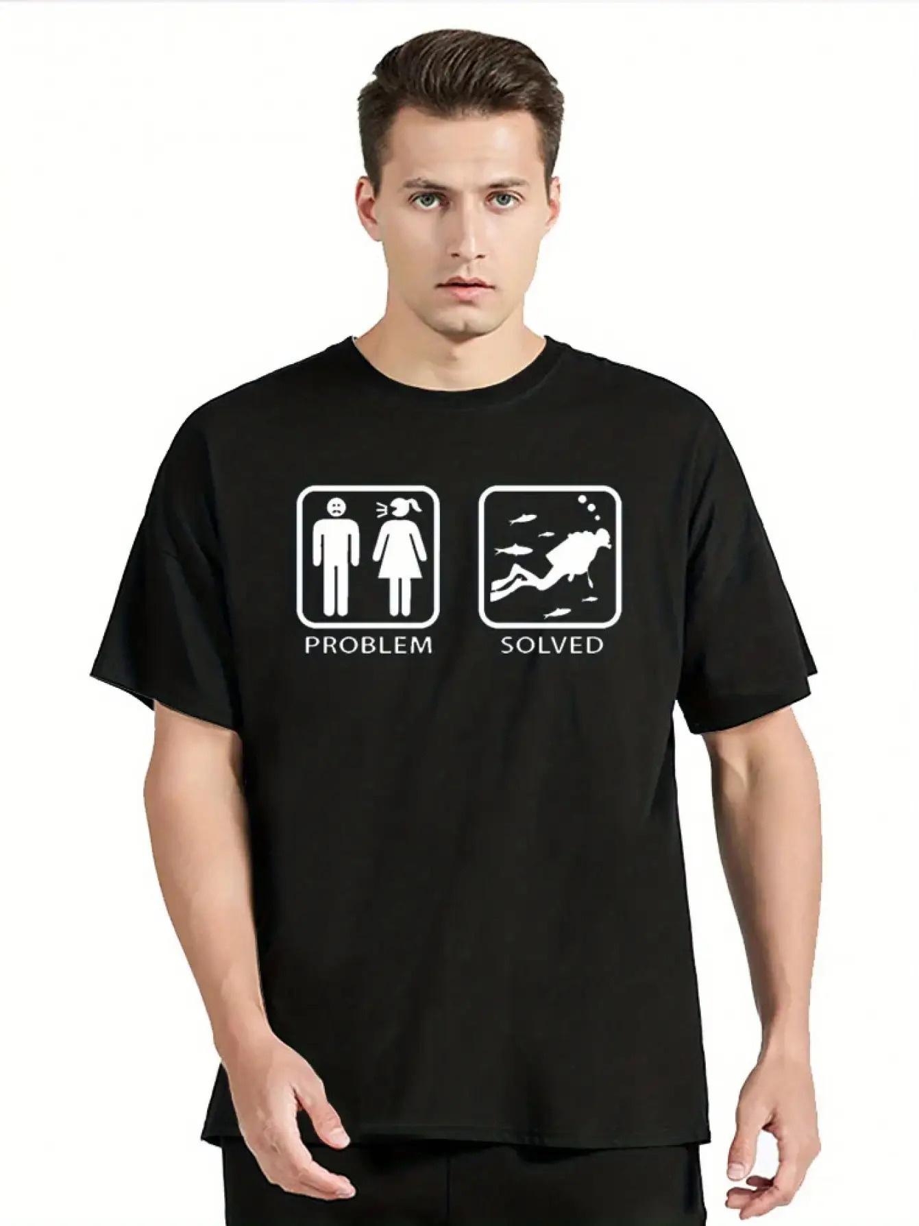 

Мужская и женская футболка оверсайз из хлопка - Забавная футболка с графикой «Проблема дайвинга решена» с символами мужчины/женщины и дизайном дайвера S