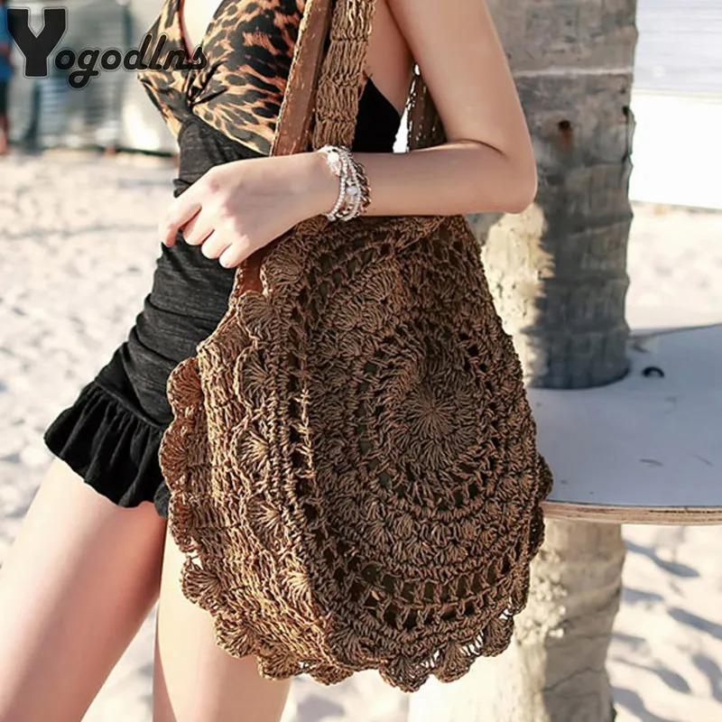Böhmische Strohtaschen für Frauen, Kreis-Strand-Handtaschen, Sommer-Rattan-Umhängetaschen, handgefertigt, gestrickt, für Reisen, große Tragetaschen, Neu