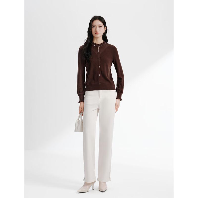 JUZUI Elegant Ruffle-Neck Cut-Out Wool Blend Knit Sweater