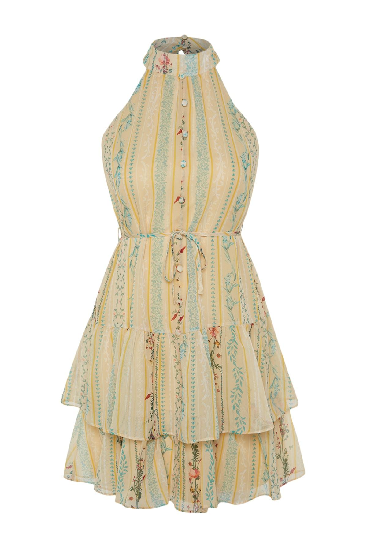 

Желтое мини-тканое платье на подкладке с многоуровневым узором TWOSS23EL02056..