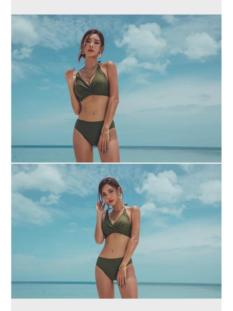 Kaoyi Black Halter Bikini: Sexy Split Swimsuit with Gathered Cups and Lace-Up Details for Women