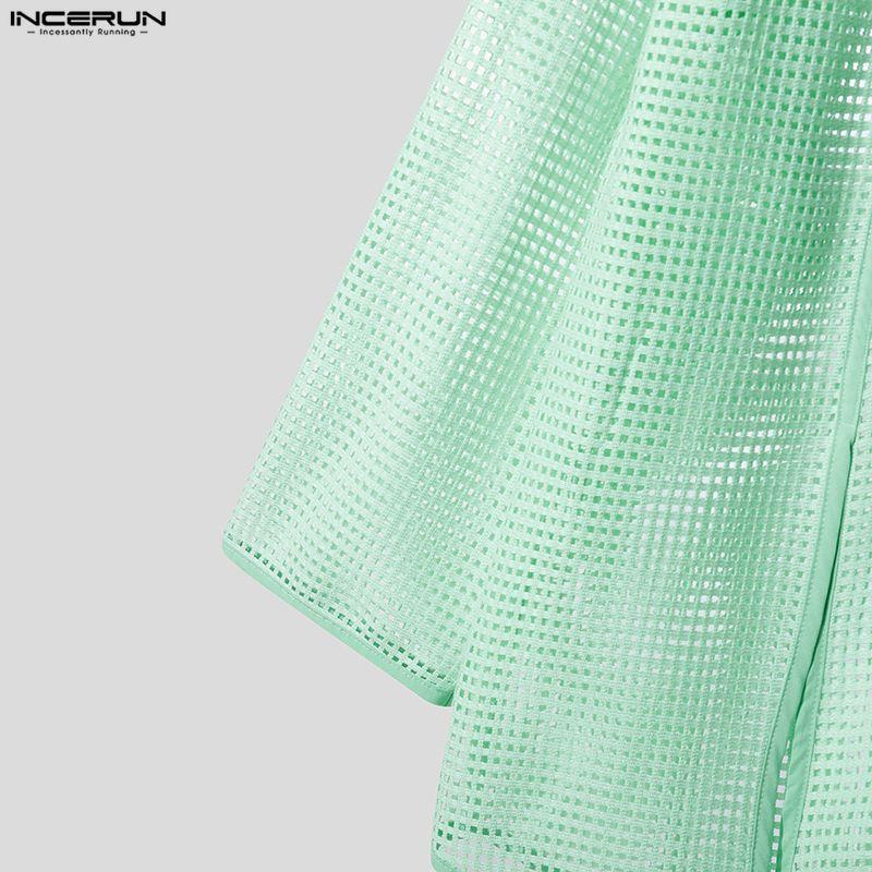 INCERUN Men Lapel Neck Long Sleeve Hollow Out Fishnet Mesh Sheer Beach Shirts Tops 