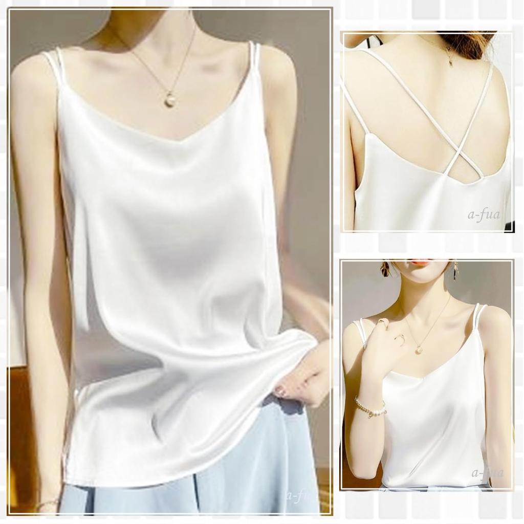 Satin Sexy Top for Women a-fua Camisole, Show-Off Cami, Cupless, Glossy, Smooth, Silk-Like, Beautiful, Cross-Back, (Champagne White, XL)