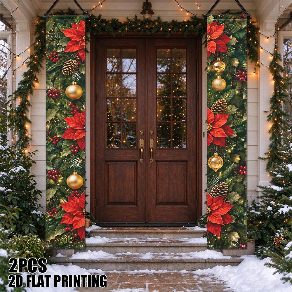 2D Flat, 2D Flat Printing 2pcs Christmas Pointias and Ornaments Ornate Christmas-Themed Couplets, Suitable for Welcoming Pirate Birthdays, Outdoor And