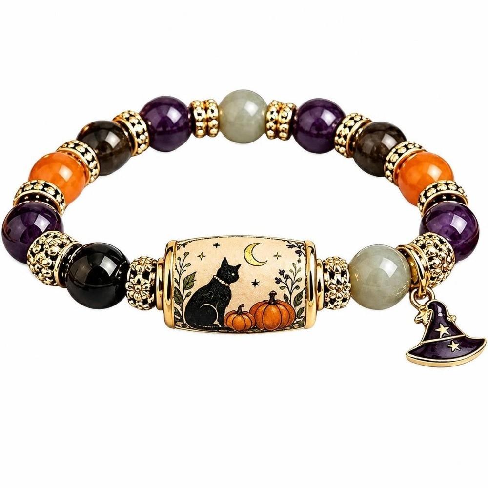Witch Hat Pendant Beaded Charm Bracelet Black Cat Pumpkin Charm Halloween Party Costume Jewelry