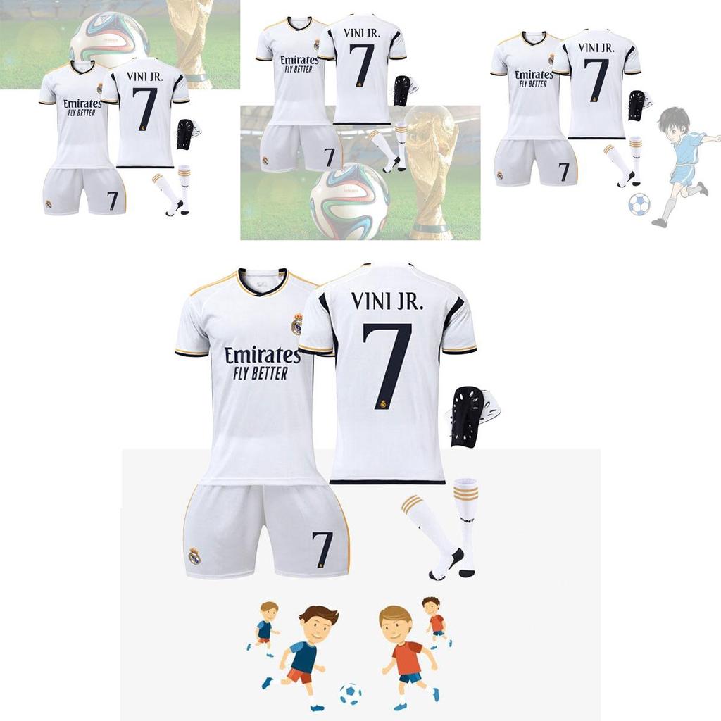 Real Madryt Domowy 7 Vini.jr Zestaw Koszulki Piłkarskiej Dla Dzieci i Dorosłych Tkanina Poliestrowa Koszulka Spodnie Skarpety i Sprzęt Ochronny w Zestawie