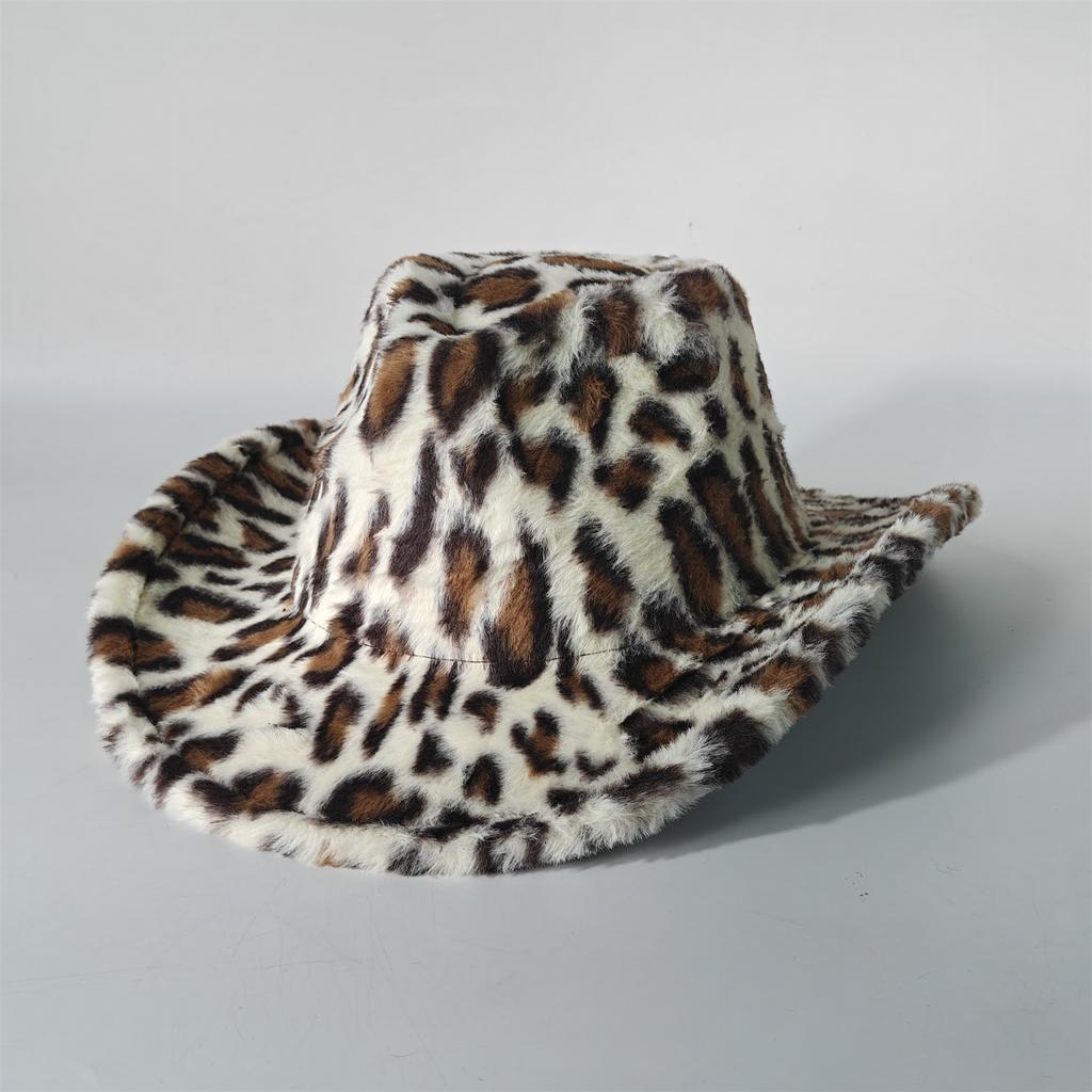 Chapeau de Cowboy en Fourrure de Lapin Imprimé Léopard 7,5 cm Fedora Western Cowboy Chapeau Panama Mode Voyage Fête Chapeau de Cowboy Chaud pour Hommes et Femmes