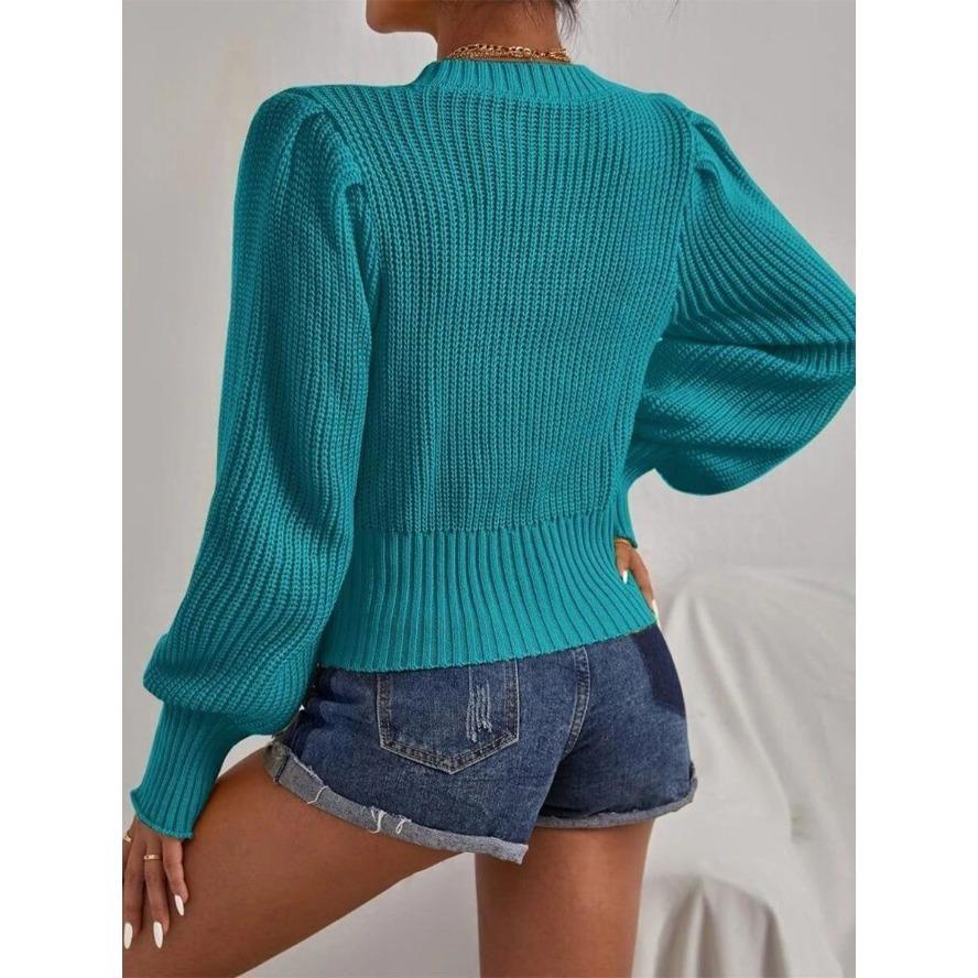 Solid Color Knitted Sweater Women's Round Neck Pullover Lantern Sleeve Top
