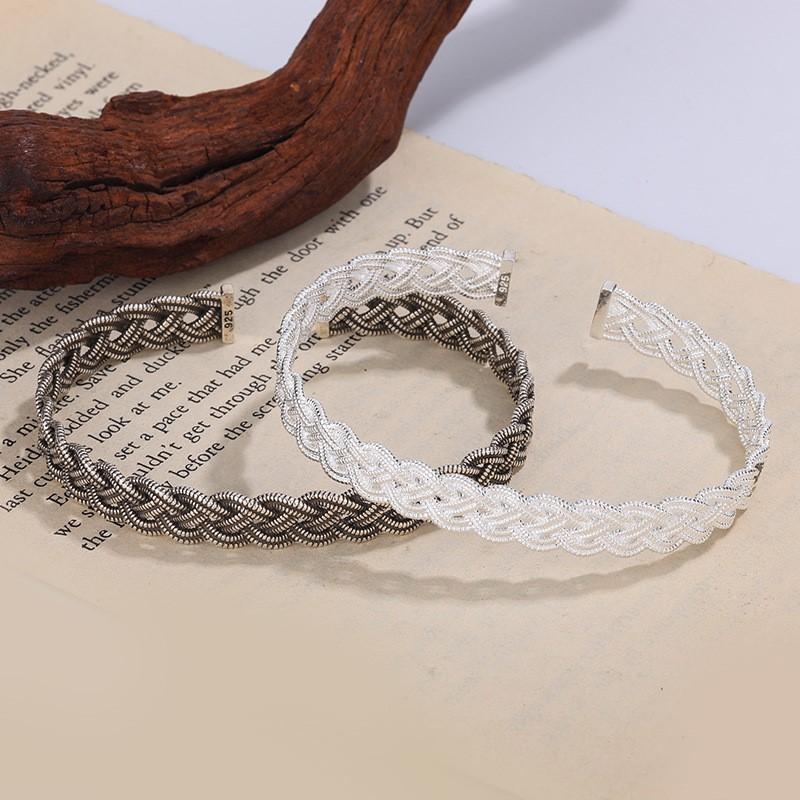 PANJBJ 925 Sterling Silver Weave Bangle for Women Hollow Out Retro Punk Ins Fashion Trend Jewelry Gift Dropshipping