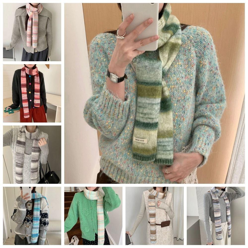 Korean Style Cashmere Knitted Scarf Plush Winter Shawl Fashion Rainbow Striped Scarf  Student