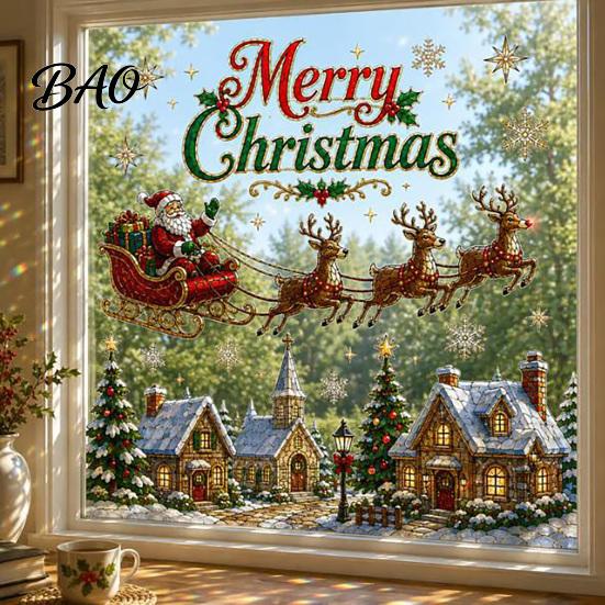 Shopping Mall Christmas Stickers 2Pcs Wall Stickers, Snowy Cottage Tree Self Adhesive Decals, Waterproof PVC Party Snow Scene Holiday Decals for Home