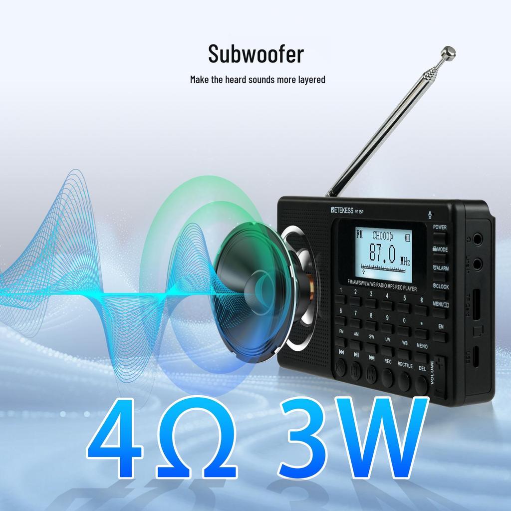 RETEKESS V115P Weltempfänger Bluetooth Radio: UKW/AM/Kurzwelle/Langwelle/Wetterband Aufnahme & MP3-Player.