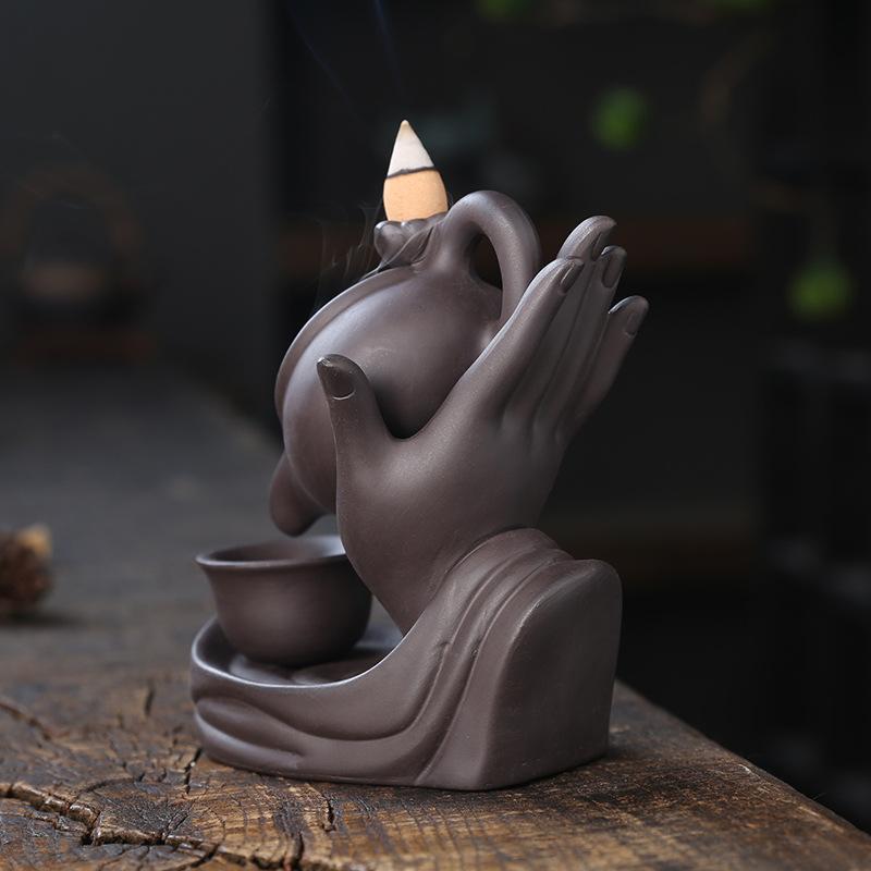 1pc,Buddha Hand Purple Clay Teapot Backflow Incense Burner Ceramic Censer Home Office Tea House Decor (Without Incense)