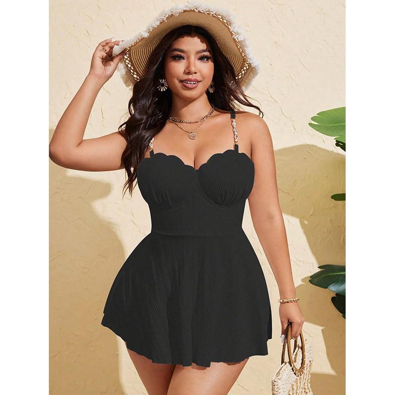 

Women s Casual Solid Color Pleated Bikini Suspender Sexy Split Swimsuit XL чёрный