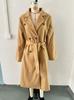 2025 Extra Long Double-Breasted Wool Coat with Tie – Solid Color Lapel for Spring and Autumn