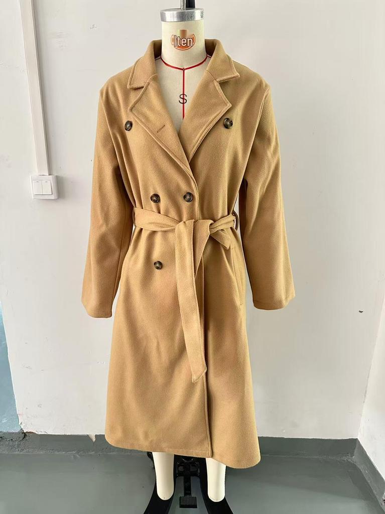 2025 Extra Long Double-Breasted Wool Coat with Tie – Solid Color Lapel for Spring and Autumn