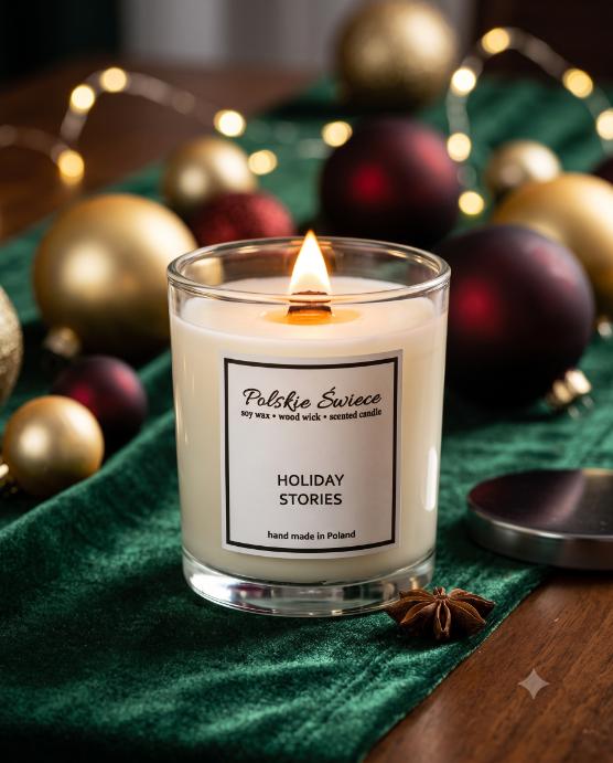 soy candle with a wooden wick + HOLIDAY STORIE