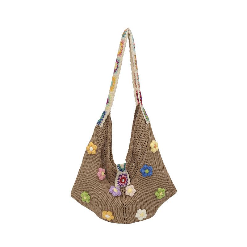 Handmade Crochet Tote Bag with Colorful Flower Embellishments Boho Style Shoulder Bag for Women Summer Beach and Outings хаки 1350₽