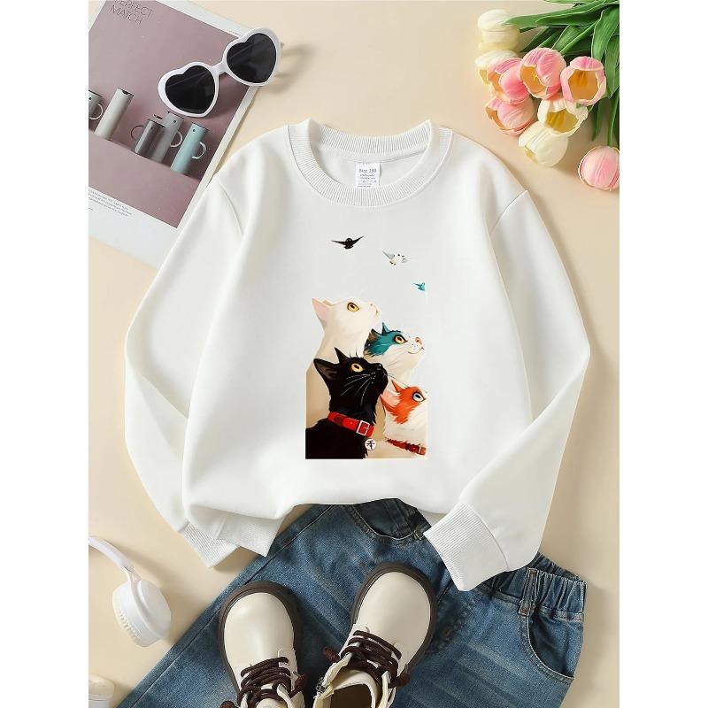 Kids Unisex Crewneck Sweatshirt, Four Colorful Cats Looking Up At Birds Cartoon Print Soft Fleece Pullover For Kids Over 4 Years Old