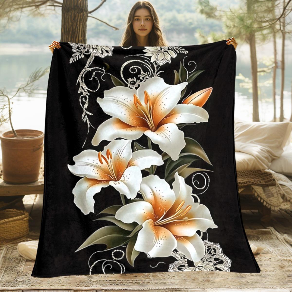1pc Black Lily Floral Fleece Blanket Elegant White Flower Pattern Soft Flannel Throw Bed Cover Home Decoration Artistic Design 75X95CM