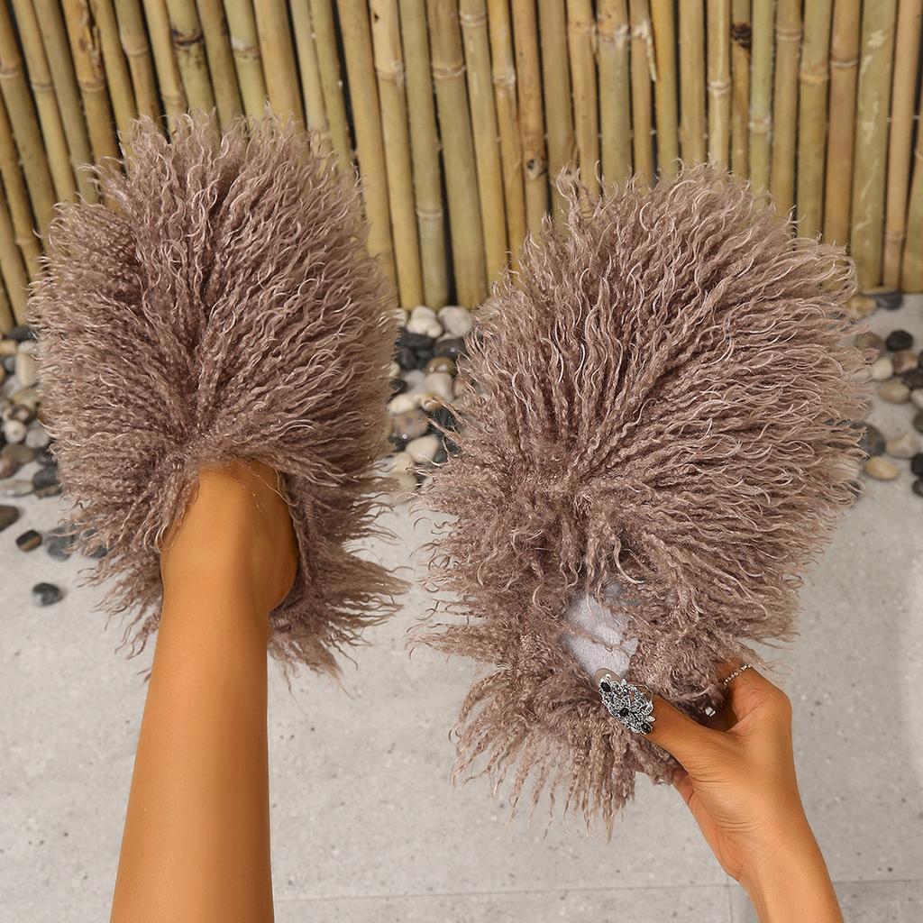 Fashion New Women's Wool winter Slippers Wool Home Warmth Flat Bottom Non slip Sleeve Durable Sandals Fashion Large size Slippers 36-46