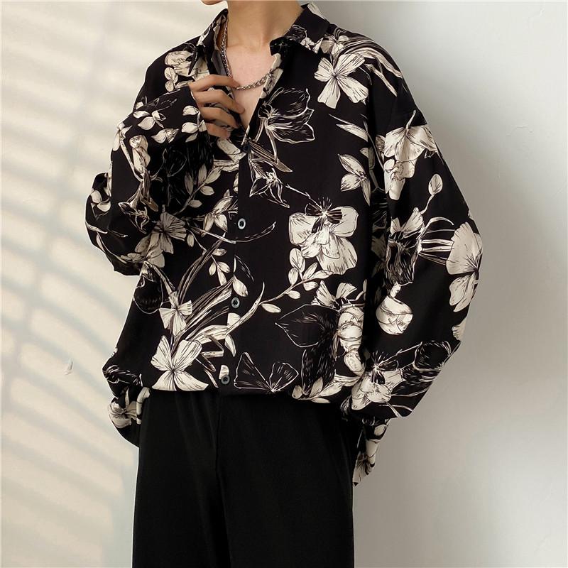 Men's Japanese-Style Full Print Long Sleeve Shirt - Casual, Trendy, Hong Kong-Style Cardigan for Spring/Autumn