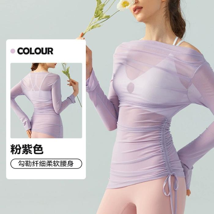 

Stylish loose yoga long-sleeved top, retro mesh pure desire dress, light and slightly transparent and thin sports blouse L