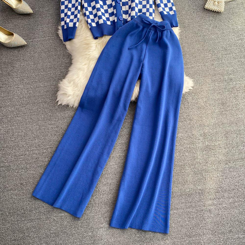 Autumn Winter Vintage Plaid Knitted Sweater Pant 2 Piece Set Women Tracksuit Single Breasted Jacket Coat + Ankle Length Trousers Outfits