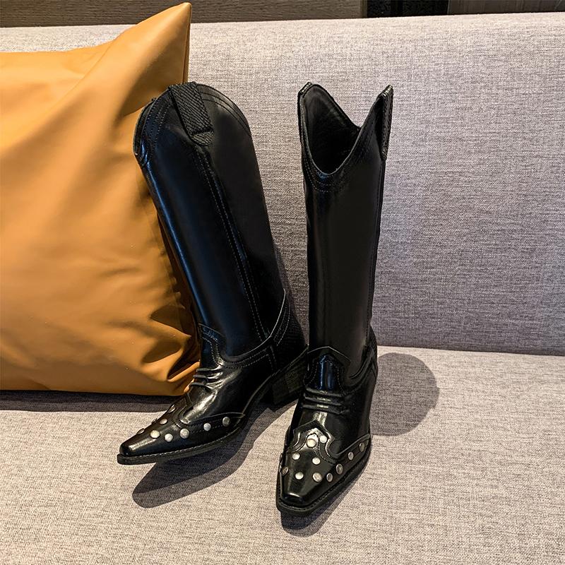 

Новый стиль женские высокие ковбойские ботфорты до колена женские зимние туфли с острым носком и средним каблуком 42 чёрный