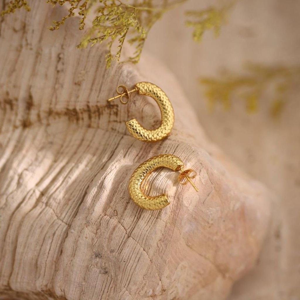 18k Gold-Plated Geometric Hammered Stainless Steel Stud Earrings