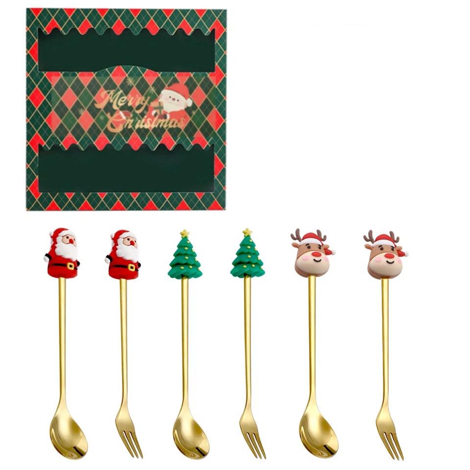 Weihnachtsgeschirr Edelstahl Löffel Gabel Set Kreativer Schneemann Löffel Kaffeelöffel Obstgabel Perfekte Feiertags-Tischdeko