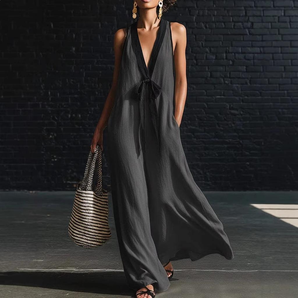 Women Deep V Neck Long Dress Sleeveless Patchwork Design Flowy Casual Elegant Maxi Dress for Daily Wear Beach Holiday