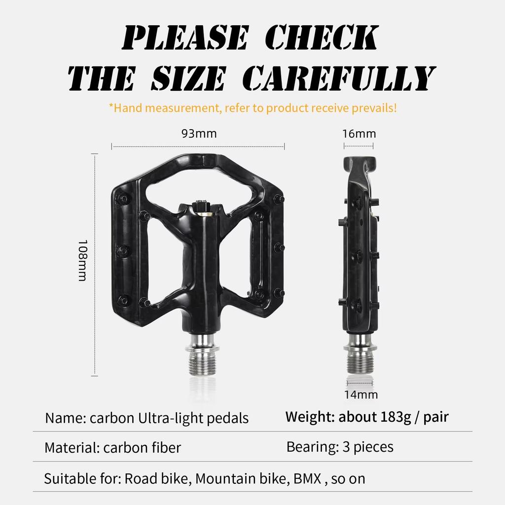 MTB Road Bike Real Carbon Fiber Titanium Alloy Axle 6 Bearings Flat Pedal 179g/pair Ultralight Bike Smooth 9/16 Thread 251c