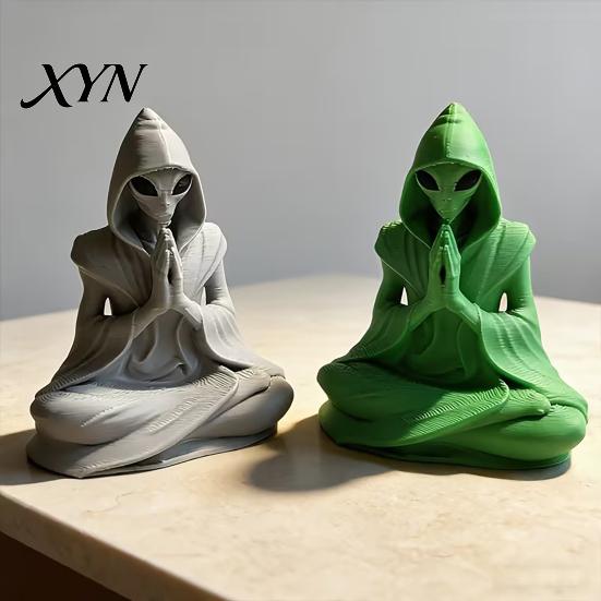 Zen Alien Decor 3D Printed Meditation Statue, Desk Ornament, Unique Desktop Embellishment Cute Extraterrestrial Figurine for Home Office, Sci Fi Gift