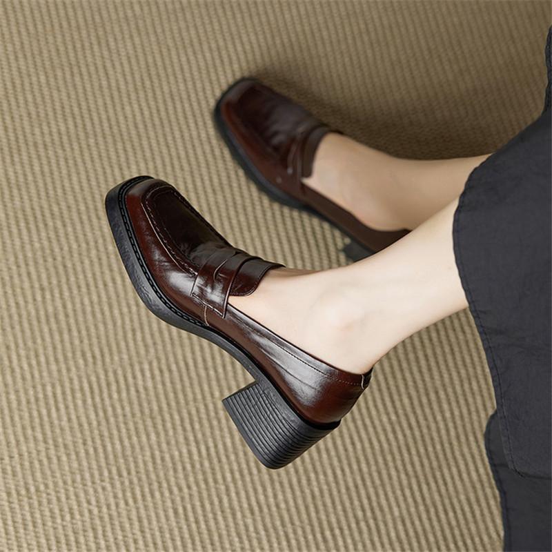 Fashion New Spring/autumn Genuine Leather Women Shoes Square Toe Loafers Shoes for Women Fashion Retro Chunky High Heels Women Pumps