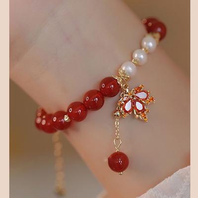 New Maple Leaf Send Acacia Red Bean Bracelet Women's Glass Bracelet High Value Niche Design Ins Send Girlfriend