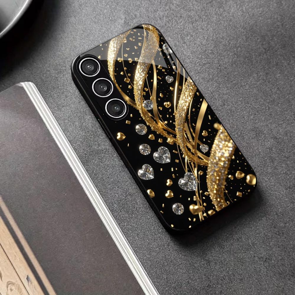 Metallische Farbe Glas Handyhülle für Samsung Galaxy S26 S25 S24 S23 S22 S21 Ultra Plus FE 5G Gold Diamant Herz 2D UV-Druck