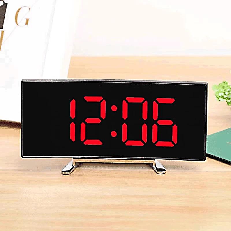 LED Digital Alarm Clock Curved Screen Mirror Silent Electronic Clock Bedroom Desktop Large Screen Home Decor Supplies