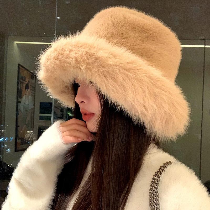 Plush hat female autumn and winter show small face warm ear protection plain face fluffy thickened versatile bucket hat