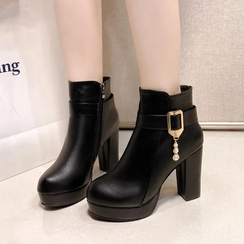 Western Fashion Booties Round Toe Zipper High Heels Women's Shoes Super High Thick Heel Ankle Boots Platform Heels Lady Footwear