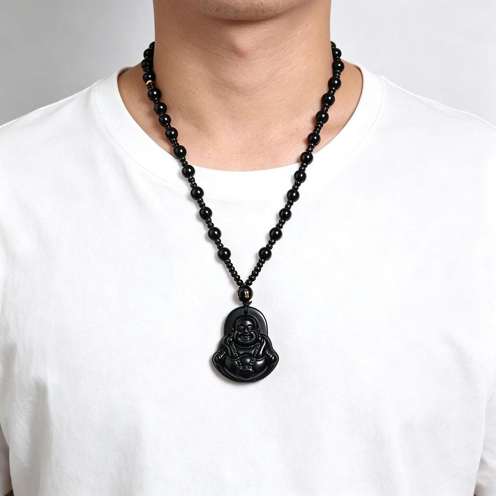 Daily new style black laughing Buddha pendant with beads necklace Buddha amulet men and women couple versatile accessory sweater chain