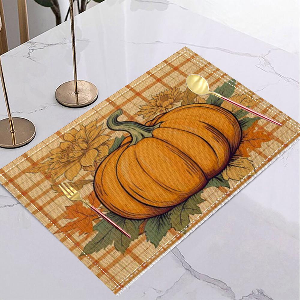 Halloween Linen Placemat Table Coffee Mat Orange Black Jack-o'-lantern Bat Plaid Pumpkin Gnome Happy Halloween Decorative