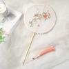 Handmade Embroidery Ancient Style Long Handle Fan Classical Pearl Tassel Flower Shape Fan Vintage Elegant Dancing Fan Travel
