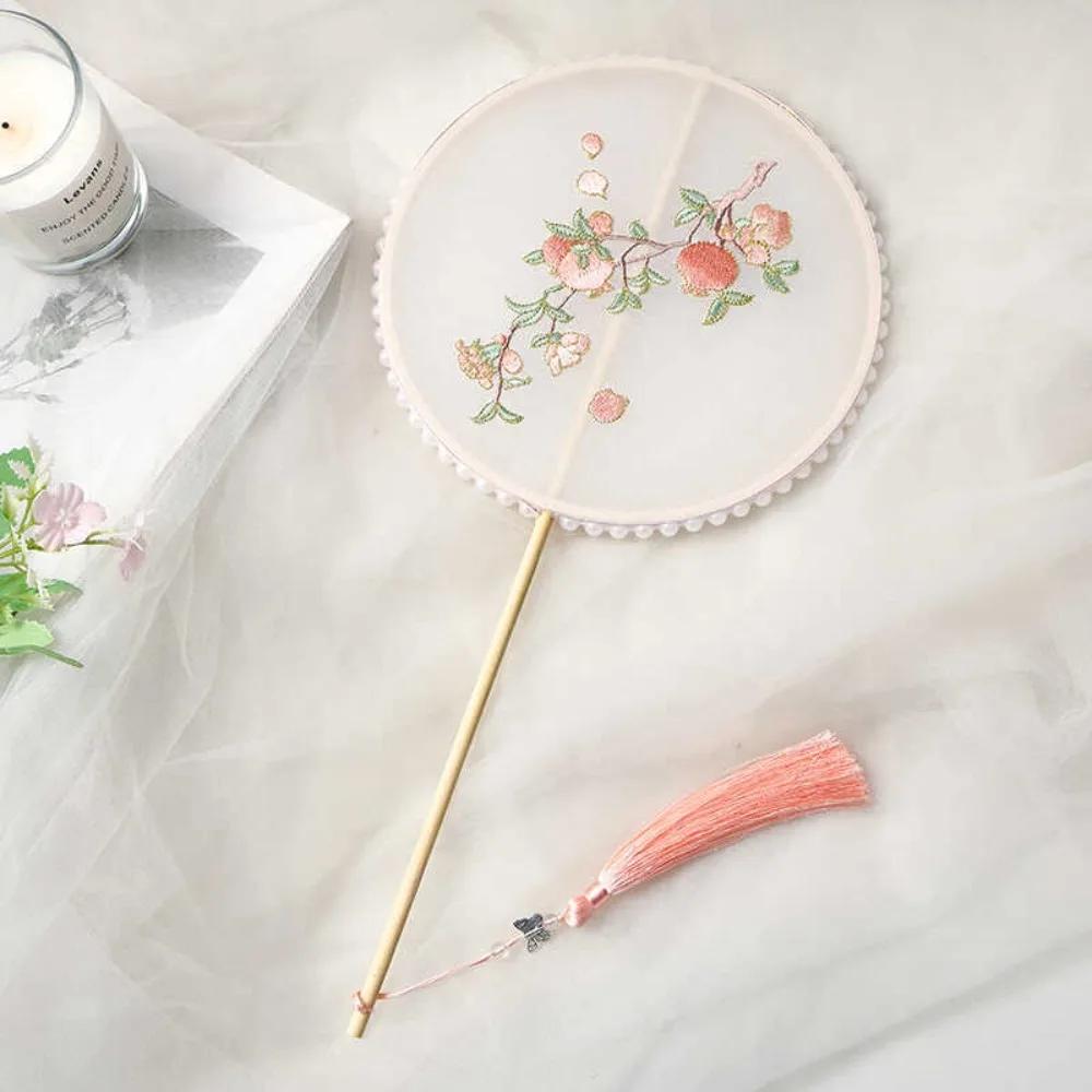 Handmade Embroidery Ancient Style Long Handle Fan Classical Pearl Tassel Flower Shape Fan Vintage Elegant Dancing Fan Travel