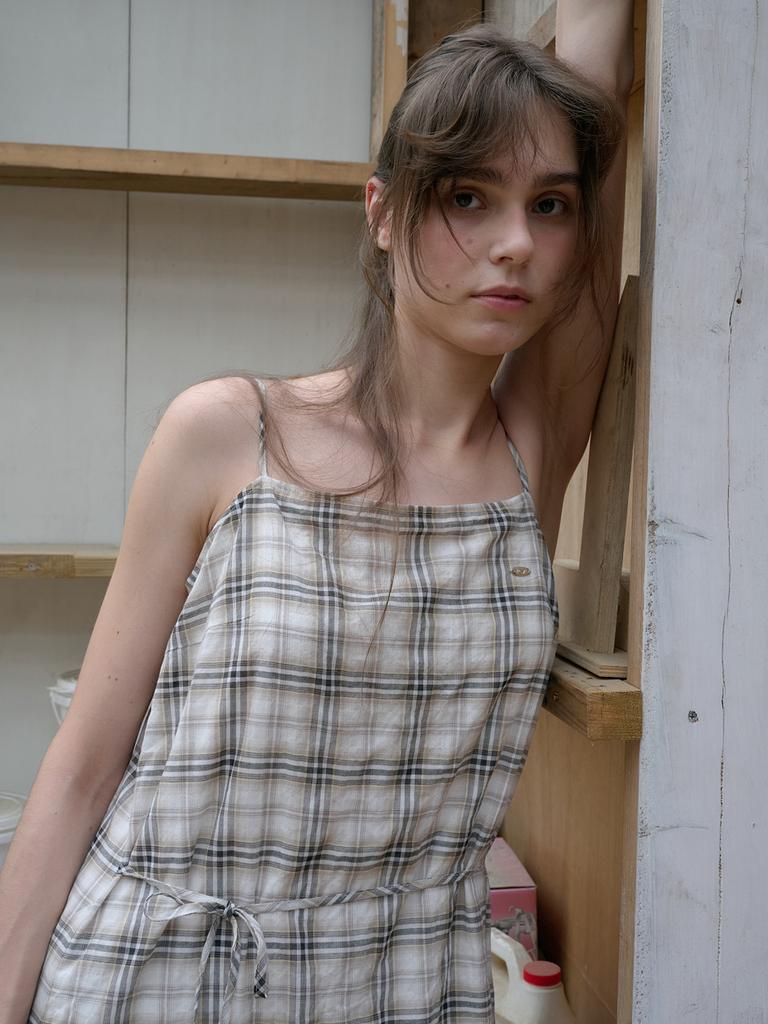Elssibeui Cotton Plaid Check Strap Dress_Ivory