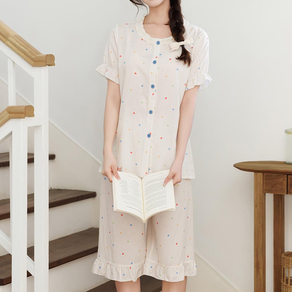 Sweet princess style women's summer cotton and silk pajamas short-sleeved cardigan loungewear lyocell suit can be worn outside large size