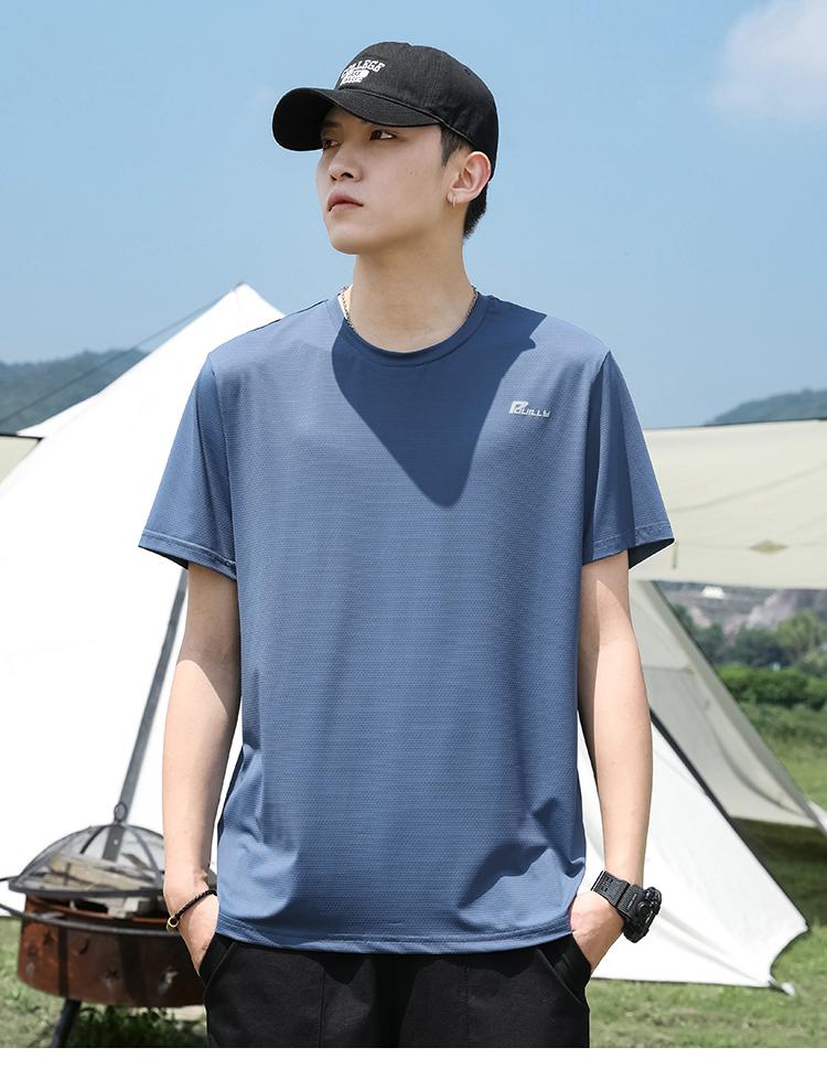 Sports plaid cool feeling, four sided elastic, lightweight, hanging and smooth casual men's short sleeved T-shirt