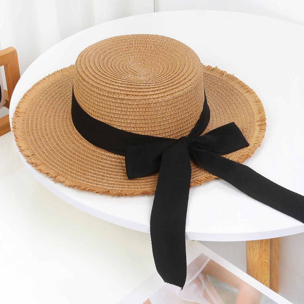 Lace Bow Straw Hat Women's Summer French Large Brim Sunscreen Hat Seaside Beach Vacation Sun Hat