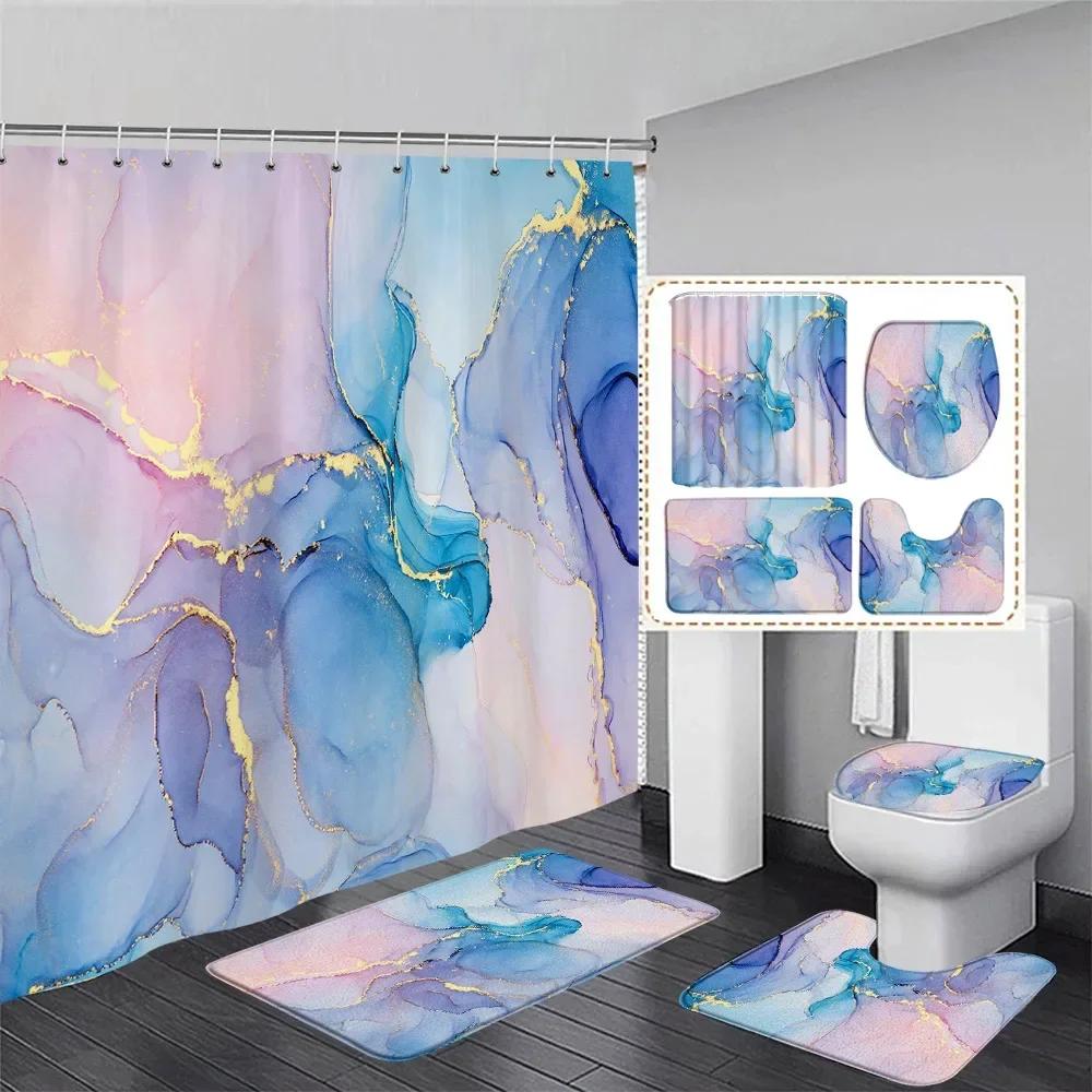 Abstract Pink Marble Shower Curtain Set Gold Textured Modern Geometric Ink Art Bathroom Decor Door Rug Bath Mat Toilet Lid Cover
