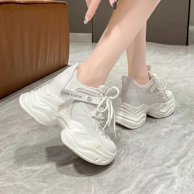 Fashion 9CM Women Chunky Leather Sneakers High Platform Ulzzang Sports Shoes New 2025 Spring Thick Bottom Women's Wedge Casual Shoes